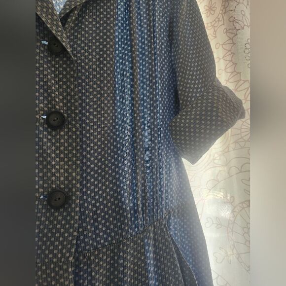 Vintage Blue Seersucker Polkadot 50s Midi Dress Button Front Pockets Collar - Picture 12 of 12